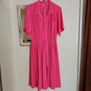 Vintage Pink Dress Pleated With Belt And Pockets Womens Size 12